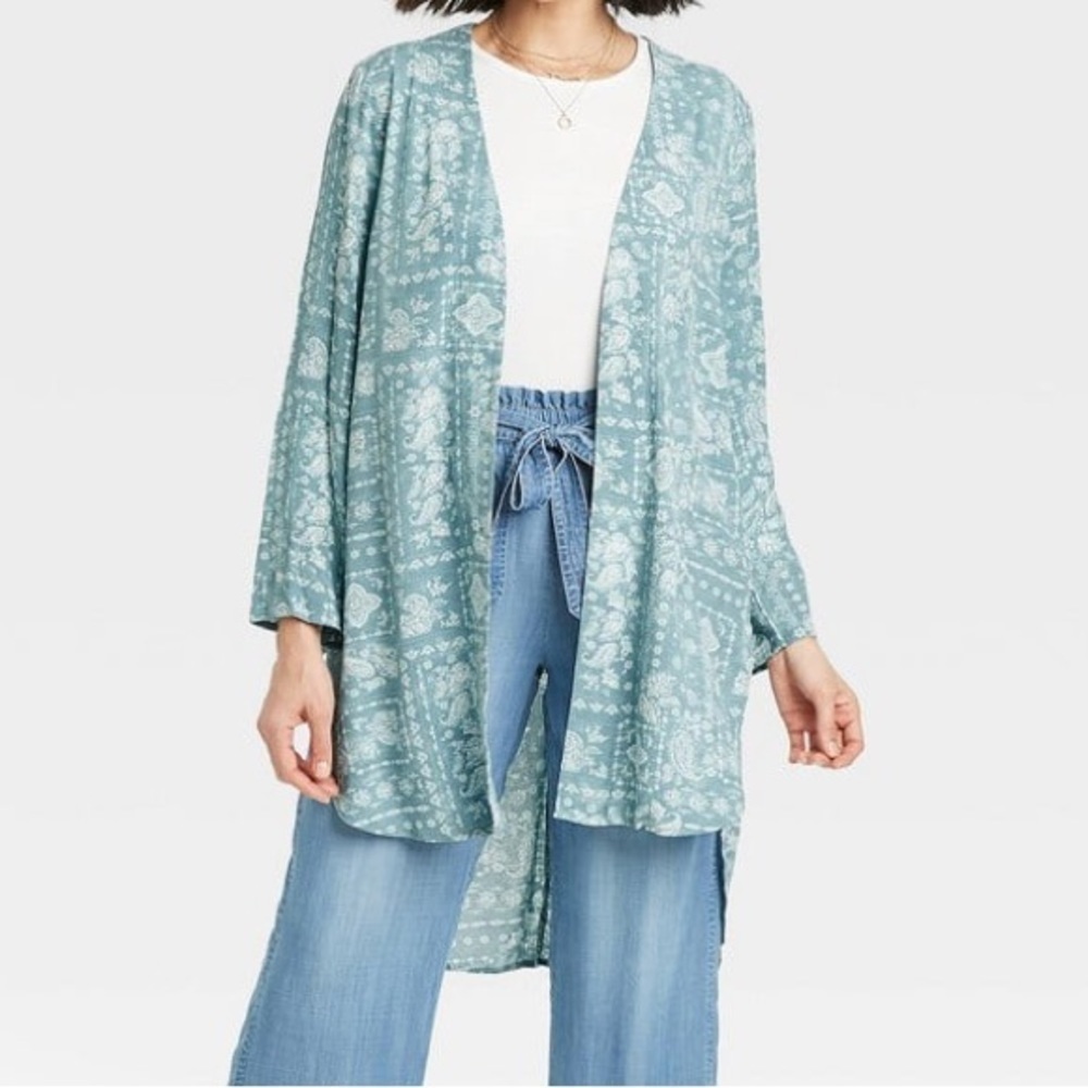 Knox Rose Blue White Paisley Floral Open Front Jacket Size Small